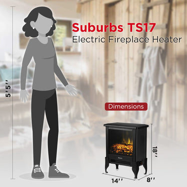 TURBRO Suburbs TS17 electric fireplace stove with realistic flame effect and black metal finish, designed for home heating and ambiance.