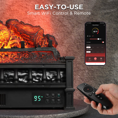 TURBRO Eternal Flame EF26-PB smart electric fireplace logs with realistic flame effect and WiFi-enabled control, black finish.