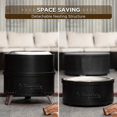 TURBRO Pluto R19-PG smokeless outdoor fire pit painted black with a sturdy metal design and open flame for outdoor heating and ambiance.