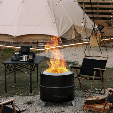 TURBRO Pluto R19-PG smokeless outdoor fire pit in painted black, showing a sleek round fire pit with a mesh top and fire inside.