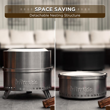 TURBRO Pluto R19-SS smokeless outdoor fire pit in stainless steel with a modern design for outdoor heating and ambiance.