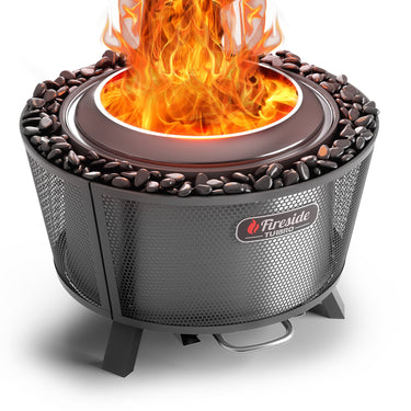 TURBRO Fireside Pluto R29 outdoor fire pit painted black with a round metal design and open top for outdoor fires.