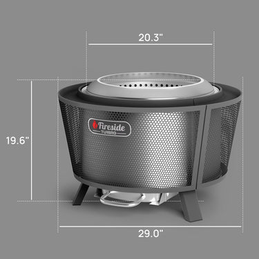 TURBRO Fireside Pluto R29 outdoor fire pit painted black, round steel fire pit with a mesh lid and ventilation holes for outdoor use.