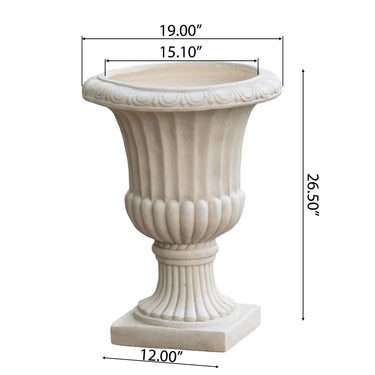 26.5-inch classic antique white Italian urn planter with ornate details, perfect for elegant garden or patio decor.