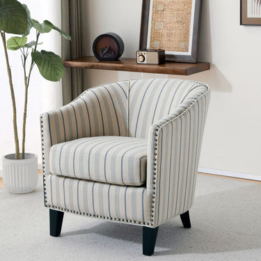 Transitional upholstered stripe barrel arm chair with birch wood legs, stylish and comfortable for living room decor.