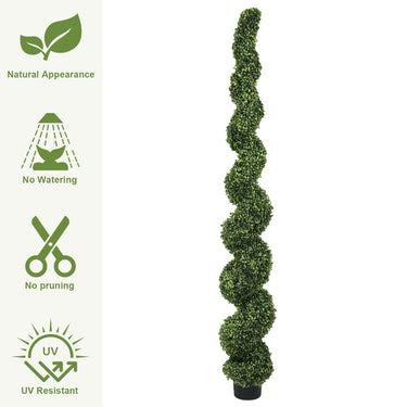 Artificial 7ft spiral topiary trees from HouseOfZazla, lush faux boxwood plants for outdoor decor, detailed green foliage.
