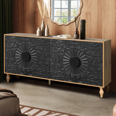 HouseOfZazla black carved symmetrical design TV stand with wood-colored frame, featuring doors and sideboard style storage.