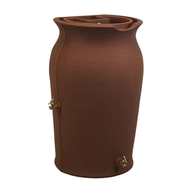 Terra cotta 50-gallon plastic rain barrel with planter top for outdoor gardening, by HomePacific.