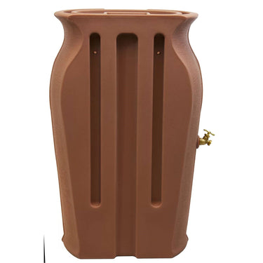HomePacific Terra Cotta 50-gallon plastic rain barrel with planter top for outdoor gardening and rainwater collection.