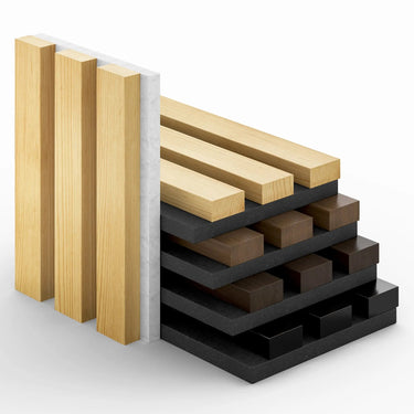 Full sample box of HAUSVITA acoustic slat wood panels showcasing five different color options for interior design.