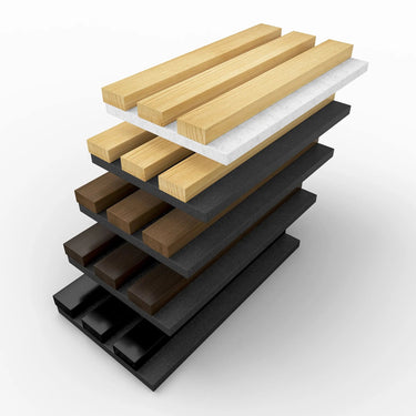 Full sample box of HAUSVITA acoustic slat wood panels showing five different color options for interior decor.