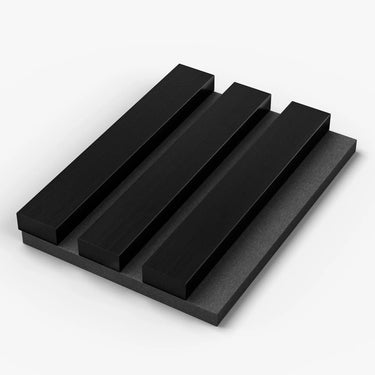 HAUSVITA acoustic slat wood panels sample box with five color options, showcasing natural wooden slat designs for interior decor.