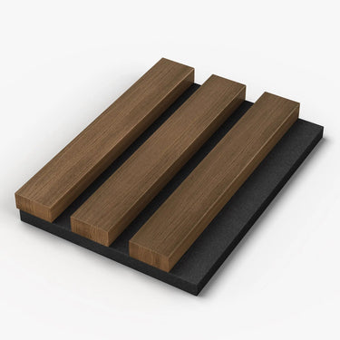 Full sample box of HAUSVITA acoustic slat wood panels in five colors, showcasing natural wood textures and finishes.