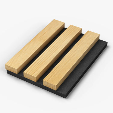 Full sample box of HAUSVITA acoustic slat wood panels showing five different color options.