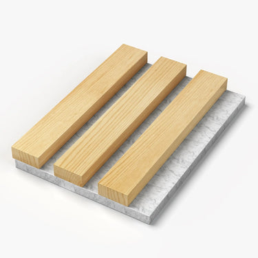 HausVITA acoustic slat wood panels sample box with five color options, showing various wood grain textures and finishes.