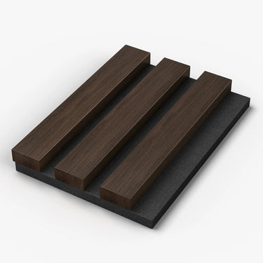 HAUSVITA acoustic slat wood panels sample box with five color options, showcasing natural wood texture and modern design.