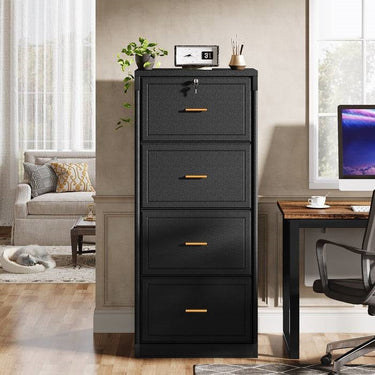 Vertical File Cabinet in Black Wood Finish with 4 Lockable Storage Drawers