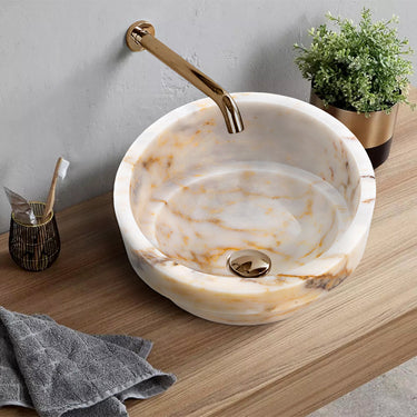 Luvohome Bianco Giallo marble vessel sink bowl with polished finish, 16-inch diameter and 9-inch height, natural stone design.