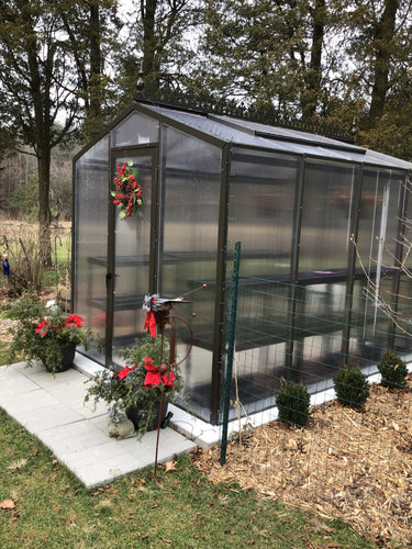 Bronze-colored Janco greenhouse 8x10 with polycarbonate panels, ideal for plant growth and gardening enthusiasts.
