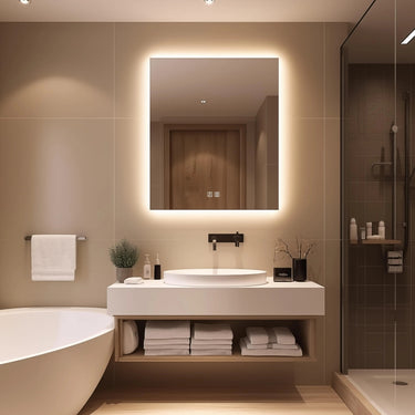 Sleek backlit LED bathroom mirror by HAUSVITA with a compact design and modern frame, reflecting in a bathroom setting