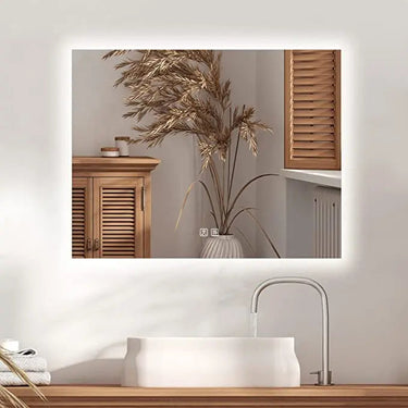 Sleek backlit LED bathroom mirror by HAUSVITA with a compact design and modern frameless style, mounted on a bathroom wall.