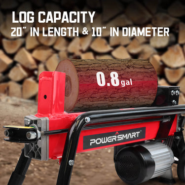 PowerSmart 7-ton electric log splitter with 15Amp motor, shown in use for splitting wood in a home and garden setting.