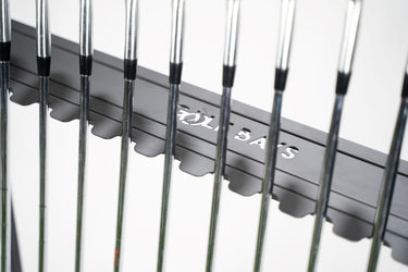 GolfBaysUSA golf club storage rack holding 14 clubs, indoor golf equipment shelf for organized club storage.