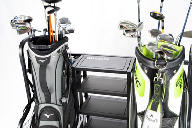 GolfBaysUSA dual golf bag display storage organizer showing multiple golf bags in a clean, organized golf equipment storage setup.