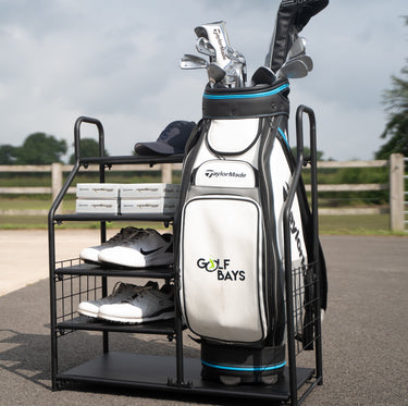 GolfBaysUSA golf storage organizer holding a single golf bag for easy display and organized storage.