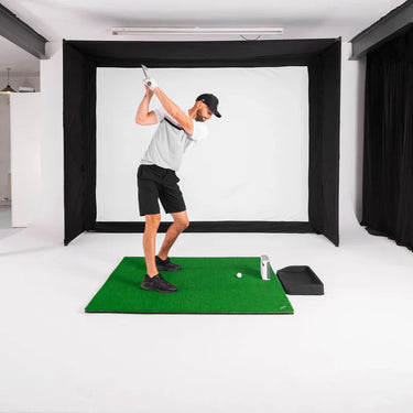 GolfBays EasySim Golf Simulator Enclosure by GolfbaysUSA, showcasing a spacious, durable golf enclosure with mesh sides and a sturdy frame.