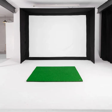 GolfBays EasySim Golf Simulator enclosure with black netting and sturdy frame, designed for indoor golf practice.