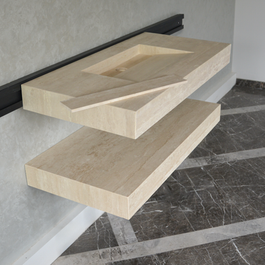 HANDCRAFTED CUSTOM TRAVERTINE SINK AND MATCHING SHELF (TR-095)
