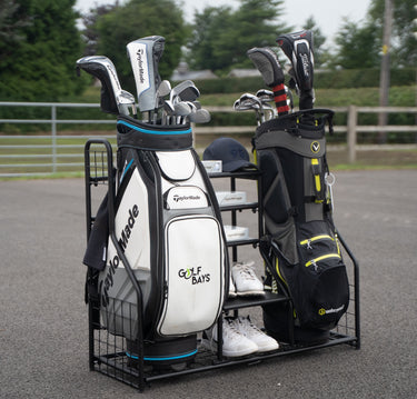 GolfBaysUSA dual golf bag display storage organizer with two compartments for convenient golf equipment storage.