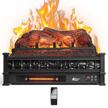 TURBRO Eternal Flame EF23-PB electric fireplace logs showing realistic glowing fire and wood grain detail in a modern fireplace setting