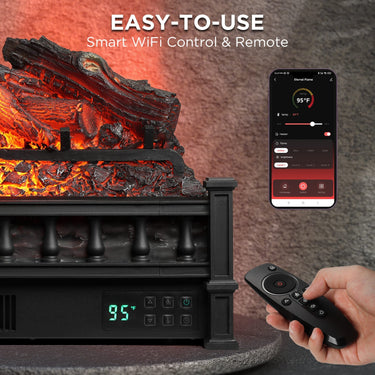 TURBRO Eternal Flame EF26-LG smart electric fireplace logs with WiFi control, realistic wood appearance, black finish.
