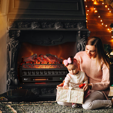 TURBRO Eternal Flame EF26-LG smart electric fireplace logs with WiFi control, realistic glowing flames and black finish.