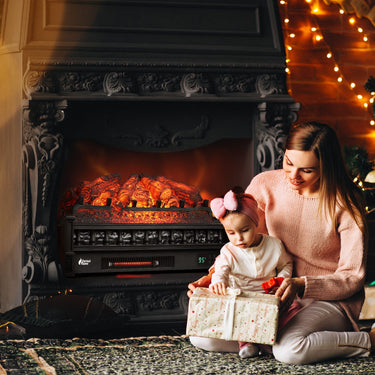 TURBRO Eternal Flame EF26-PB smart electric fireplace logs with realistic flame effect and WiFi control, black finish.