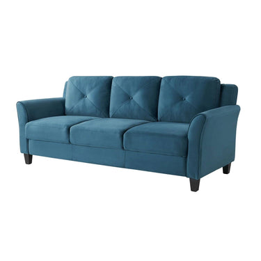 Blue microfiber modern 3-seater sofa with button-tufted cushions, upholstered by HomePacific for a stylish living room.