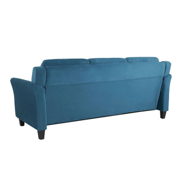 Blue microfiber modern 3-seater sofa with button-tufted cushions in a living room setting, by HomePacific.