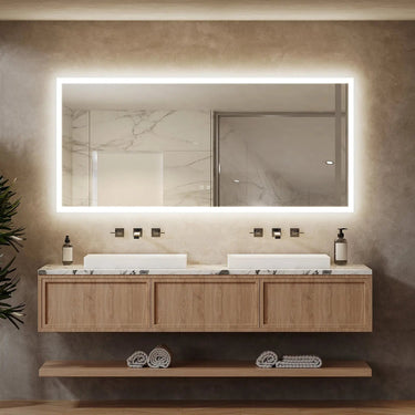 Hausvita Deluxe Edge Glow LED bathroom mirror with illuminated border and modern design, ideal for contemporary bathroom decor.