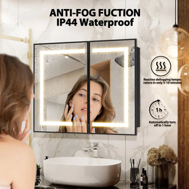 Medium Hausvita framed recessed LED bathroom medicine cabinet with built-in lighting and mirror for modern bathroom storage.