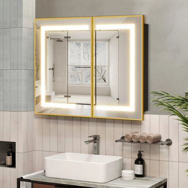 Medium Hausvita framed recessed LED bathroom medicine cabinet with built-in lighting, wall-mounted design, and mirrored door.