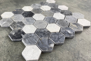 Luna Sky Marble 2" Hexagon Mixed Finish on 12" x 12" Mesh Mosaic Tile