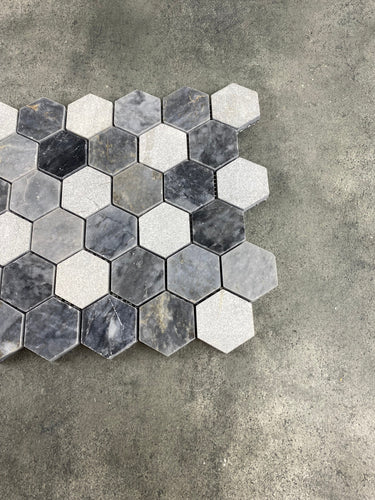 Luna Sky Marble 2" Hexagon Mixed Finish on 12" x 12" Mesh Mosaic Tile