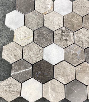 Silver Shadow-Carrara White Mix Marble 2" Hexagon on 12" x 12" Mesh Mosaic Tile