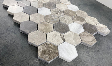 Silver Shadow-Carrara White Mix Marble 2" Hexagon on 12" x 12" Mesh Mosaic Tile