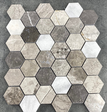 Silver Shadow-Carrara White Mix Marble 2" Hexagon on 12" x 12" Mesh Mosaic Tile