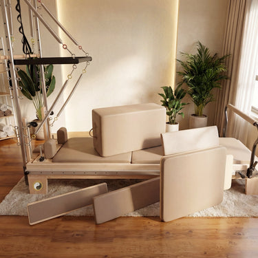 Personal Hour Nano Elite Half Trapeze Pilates Reformer with adjustable tower for studio Pilates exercises, shown in a fitness setting.