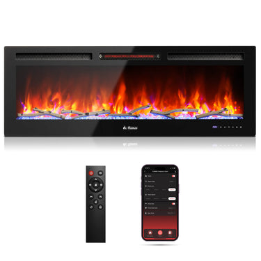 TURBRO In Flames INF50W-3D wall mounted electric fireplace with tempered glass and modern design, showcasing flickering flame effects.