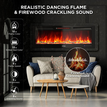 TURBRO In Flames INF50W-3D wall-mounted electric fireplace with tempered glass, modern design and realistic flame display.